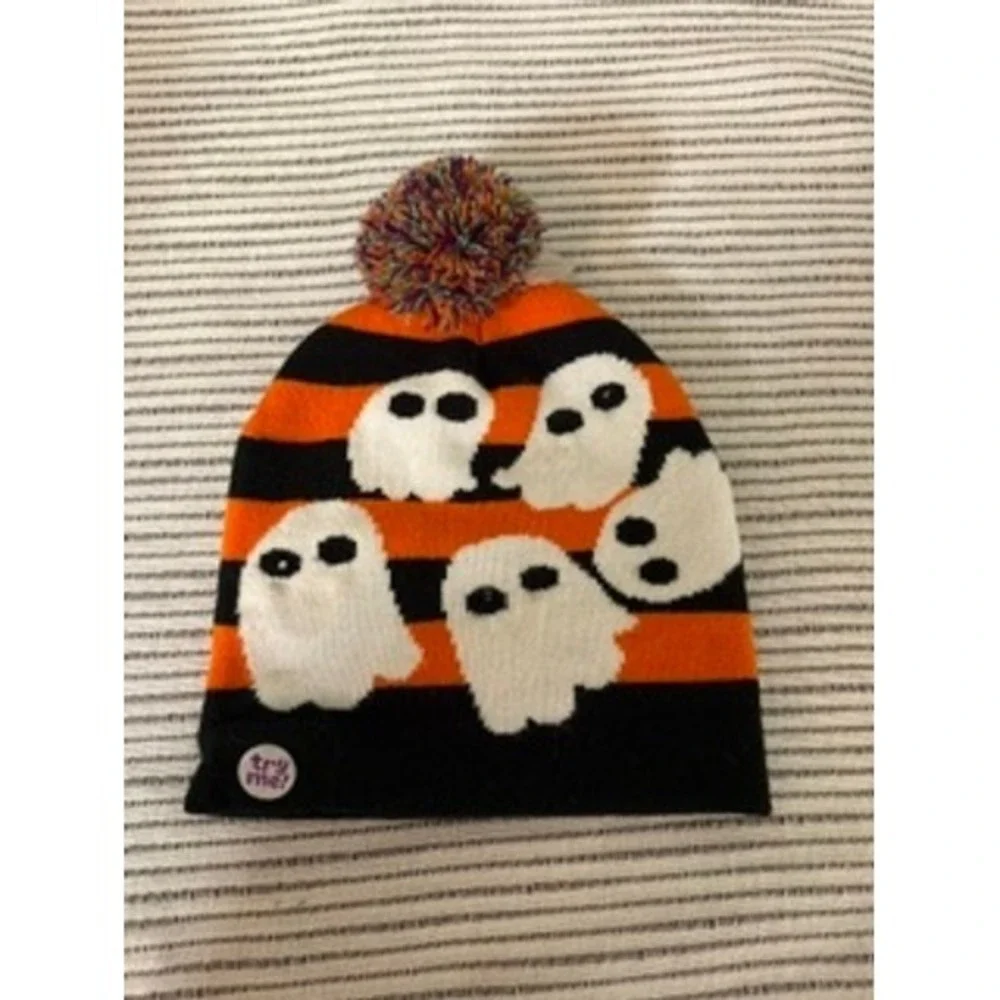 Walgreens Halloween Ghost Light Up Beanie Hat Orange Black Striped Pom Pom Kids